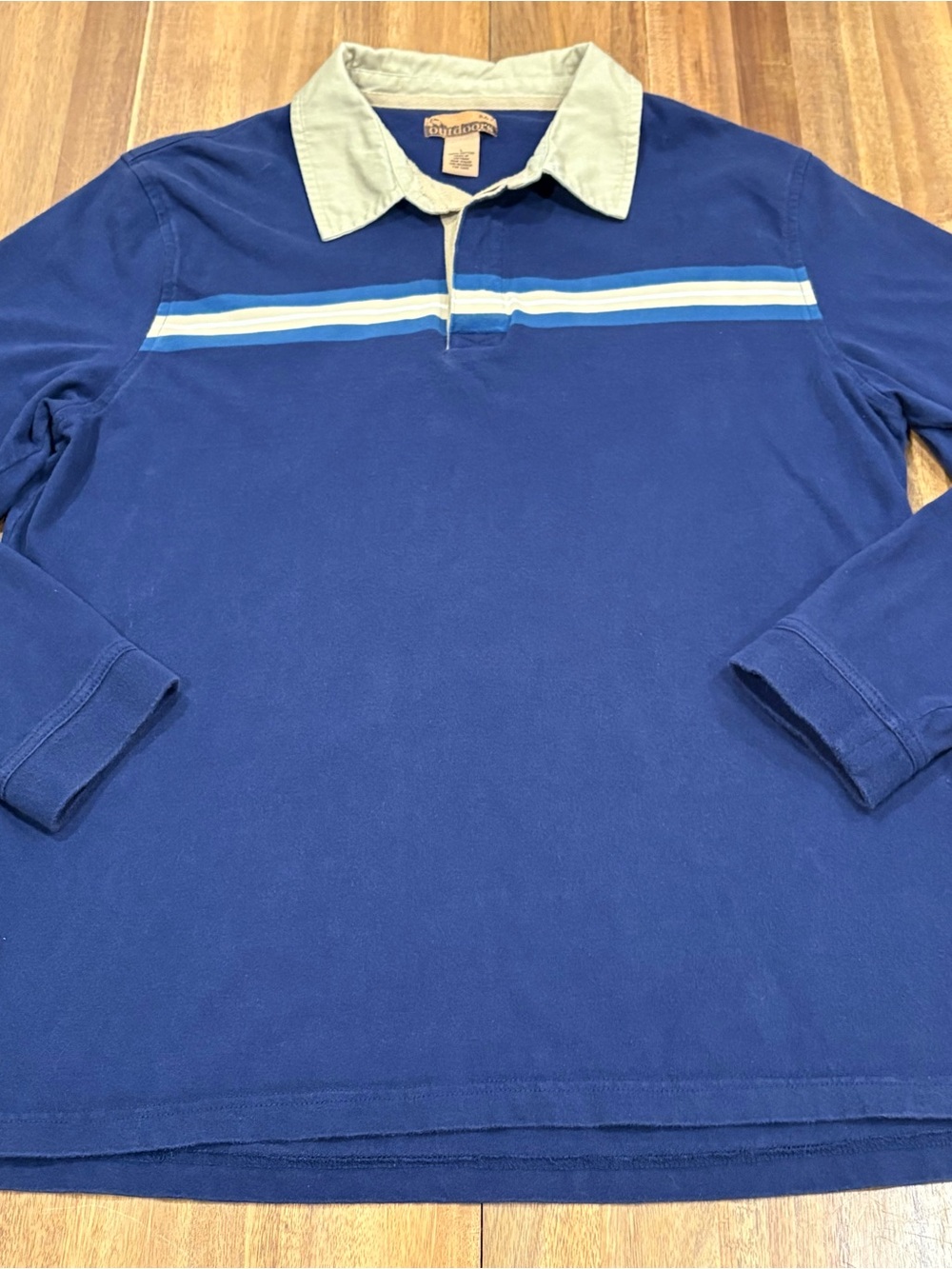 Vintage R&R Outdoors Rugby Shirt Blue Striped Long Sleeve Polo Large